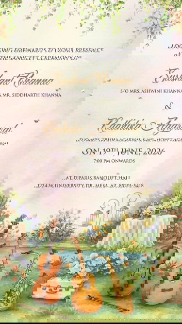 Pastel and Musical Themed Sangeet Ceremony Invitation Video with Garden Backdrop, Guitar, Violin and Saxophone