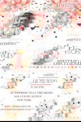 Pink Balloon First Birthday Invitation with Cute Elephants & Baby Girl Theme with Add Photo Option