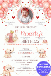Pink Balloon First Birthday Invitation with Cute Elephants & Baby Girl Theme with Add Photo Option