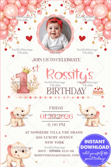 Pink Balloon First Birthday Invitation with Cute Elephants & Baby Girl Theme with Add Photo Option