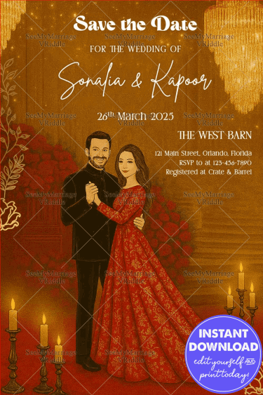 Save the Date Wedding Invitation Card with Royal Couple Illustration in Luxurious Gold and Red Theme