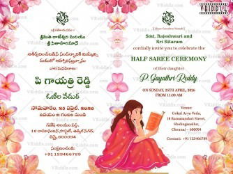 Graceful Telugu-English Half Saree Ceremony Twin Leaf Invitation Featuring Elegant Girl Reading a Book and Pink Floral Theme