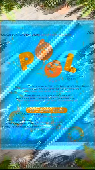 Summer Splash Pool Party Invitation Video with Illustrated Cartoon Kids and Palm Trees