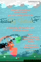 Swinging Woman Under Tree Teej Festival Invitation with Rain Theme and Scenic Nature Background