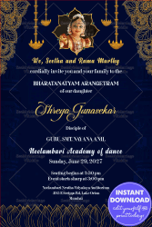 Traditional Bharatanatyam Invitation with Hanging Diyas Ornate Border in Blue Theme