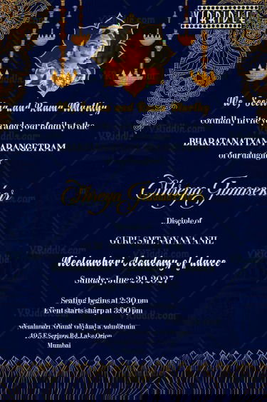 Traditional Bharatanatyam Invitation with Hanging Diyas Ornate Border in Blue Theme