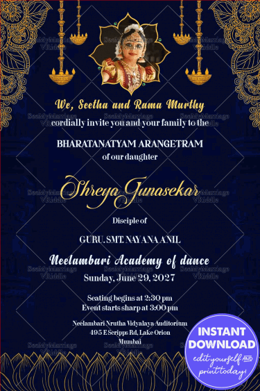 Traditional Bharatanatyam Invitation with Hanging Diyas Ornate Border in Blue Theme
