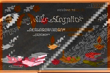 Traditional Blackboard-Style Vidyarambham Welcome Board with Goddess Saraswathi and Chalk Art Illustrations