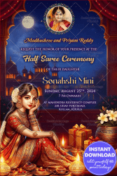 Traditional Royal Girl Half Saree Ceremony Invitation Card with Decorative Arch Frame and Add Image Option