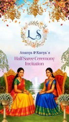 Twins Sisters Half Saree Ceremony Invitation Video with Cartoon Theme and Garden Backdrop, Fountain