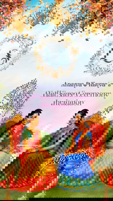 Twins Sisters Half Saree Ceremony Invitation Video with Cartoon Theme and Garden Backdrop, Fountain