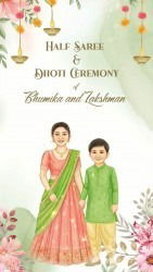 Watercolor Theme Half Saree and Dhoti Ceremony Video with Caricature and Floral Flowers