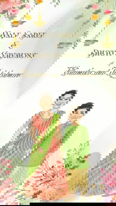 Watercolor Theme Half Saree and Dhoti Ceremony Video with Caricature and Floral Flowers