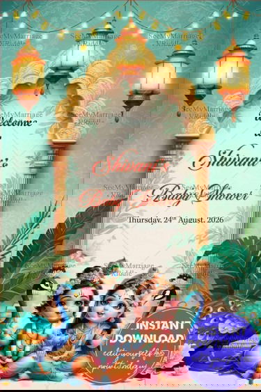 Krishna Radha Baby Shower Welcome sign Board with Peacock and Arch Design