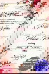 Pink Rose Theme Nikkah Walima Invitation Card with Arabic Calligraphy