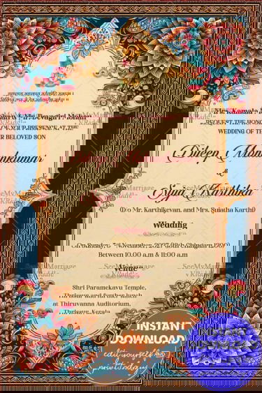 Kalamkari Mandala Wedding Invitation Card with Lord Ganesha and Ornate Border Design