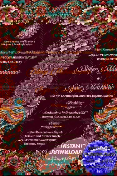 Kalamkari Peacocks Maroon Wedding Invitation Card with Ganesha Blessing
