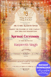 Kurmai Invitation Card with Hanging Bells and Floral Garlands featuring a Golden Chandelier and Ornamental Arch in Warm Tones