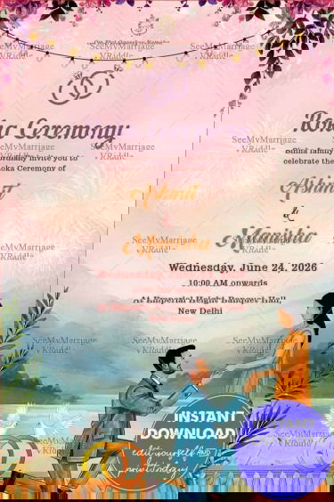 Romantic Proposal Roka Ceremony Card with Elegant Floral Theme, Fireworks and Watercolor Landscape