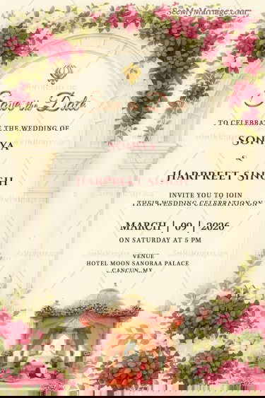 Archway Bougainvillea Floral Punjabi Wedding Invitation and Traditional Sikh Ceremony Illustration with Mandap in Cream BG