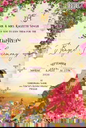 Bangle Ceremony Invitation with traditional Punjabi Bride Illustration and Floral Hanging and glowing sunset backdrop