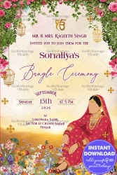 Bangle Ceremony Invitation with traditional Punjabi Bride Illustration and Floral Hanging and glowing sunset backdrop