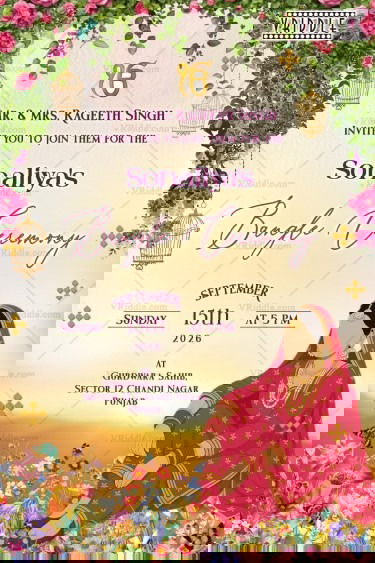 Bangle Ceremony Invitation with traditional Punjabi Bride Illustration and Floral Hanging and glowing sunset backdrop