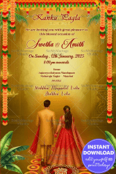 Bride Groom Illustration Kanku Pagla Ceremony Invitation with Traditional Marigold Hangings & Floral Design In Golden Yellow BG