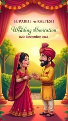 Cartoon Couple Goals Wedding Invitation Video with Ghibli, Marigold Theme and Haldi, Mehendi, Sangeet, Phere, Reception Party