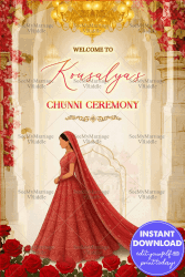 Chunni Ceremony Welcome Sign Board Featuring a Punjabi Bride Illustration in Palace Arch with Red Roses and Chandeliers
