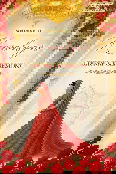 Chunni Ceremony Welcome Sign Board Featuring a Punjabi Bride Illustration in Palace Arch with Red Roses and Chandeliers