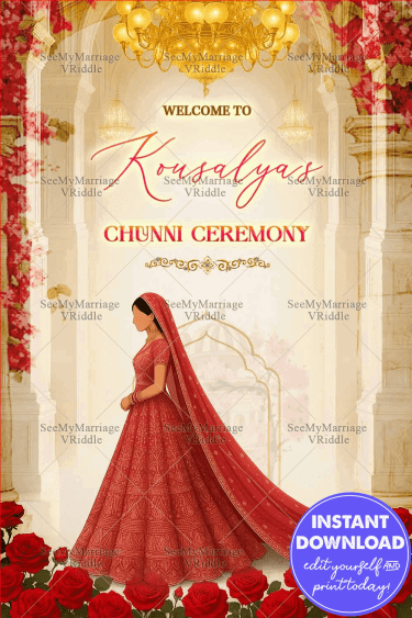 Chunni Ceremony Welcome Sign Board Featuring a Punjabi Bride Illustration in Palace Arch with Red Roses and Chandeliers