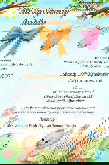 Cute Cartoon Boys 30th Day Prayers Invitation Card with Onesie Design and Floral Theme