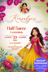 Dancing Girl Illustration Half Saree Ceremony Invitation with Pink and Yellow Floral Border Design With Add Photo Option