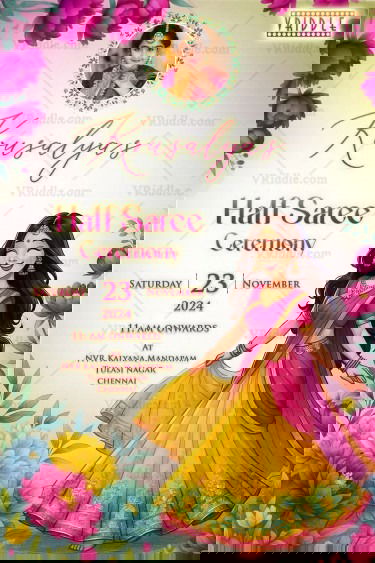 Dancing Girl Illustration Half Saree Ceremony Invitation with Pink and Yellow Floral Border Design With Add Photo Option