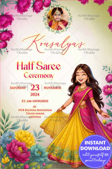 Dancing Girl Illustration Half Saree Ceremony Invitation with Pink and Yellow Floral Border Design With Add Photo Option