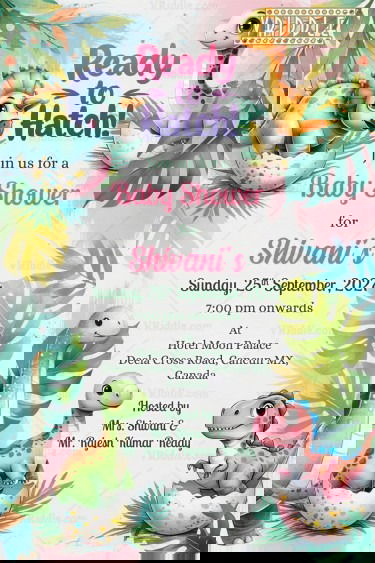 Dino Hatch Theme Baby Shower Invitation with Tropical Leaves Design