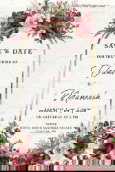 Dusty Rose Floral Wedding Save the Date Card Featuring Burgundy Blooms and Golden Frame Arch Design