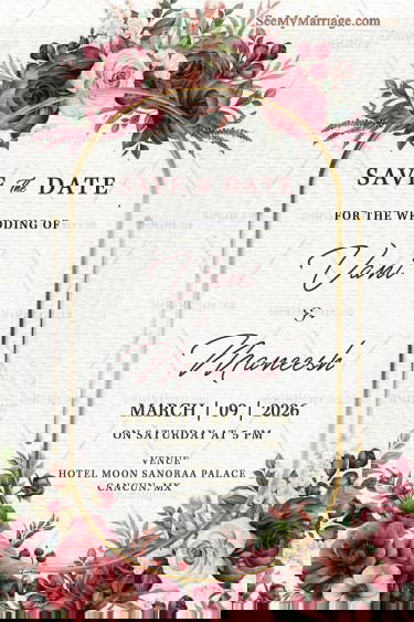 Dusty Rose Floral Wedding Save the Date Card Featuring Burgundy Blooms and Golden Frame Arch Design