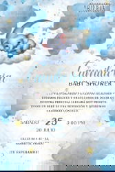 Elephant-Themed Spanish Baby Shower Invitation with Crescent Moon Illustration and Soft Blue Watercolor Design