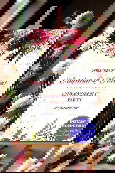 Engagement Welcome Banner Featuring Bold Watercolor Florals and Golden Accents