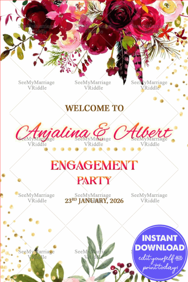 Engagement Welcome Banner Featuring Bold Watercolor Florals and Golden Accents
