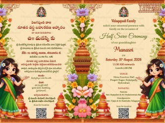 English & Telugu Half Saree Invitation In Green And Sandal Theme With A Cute Girl Illustration