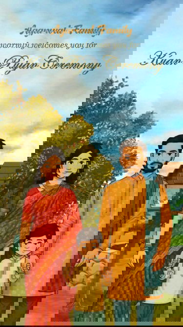 Family and Friends Theme Kuan Pujan Ceremony Video with Traditional Indian Couple and Child Illustration