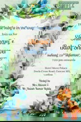 Forest Dino Cartoon Theme Baby Shower Invitation with Sleeping and Greenery Border