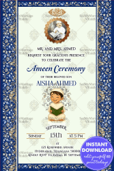 Islamic Ameen Ceremony Invitation with boy Reading Quran, Floral Blue Border, Add Photo & Traditional