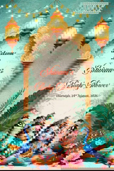 Krishna Radha Baby Shower Welcome sign Board with Peacock and Arch Design