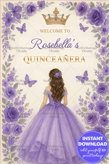 Lavender Quinceañera Welcome Sign Board with Princess in Gown Illustration with Floral Frame and Golden Crown Accents
