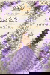 Lavender Quinceañera Welcome Sign Board with Princess in Gown Illustration with Floral Frame and Golden Crown Accents