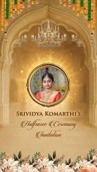 Mahal Theme Half Saree Ceremony Invitation Video with Add Photo, Cartoon Family and Floral Decor